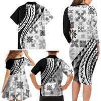 Black Hawaiian Quilt Pattern Family Matching Long Sleeve Bodycon Dress and Hawaiian Shirt Mixed Polynesian Tribal Arty