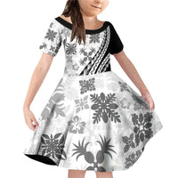 Black Hawaiian Quilt Pattern Family Matching Off Shoulder Short Dress and Hawaiian Shirt Mixed Polynesian Tribal Arty