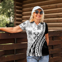 Black Hawaiian Quilt Pattern Women Polo Shirt Mixed Polynesian Tribal Arty