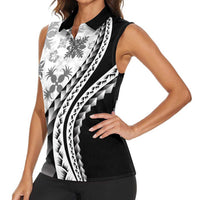 Black Hawaiian Quilt Pattern Women Sleeveless Polo Shirt Mixed Polynesian Tribal Arty