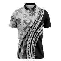 Black Hawaiian Quilt Pattern Zipper Polo Shirt Mixed Polynesian Tribal Arty - Polynesian Pride