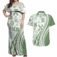 Green Hawaiian Quilt Pattern Couples Matching Off Shoulder Maxi Dress and Hawaiian Shirt Mixed Polynesian Tribal Arty