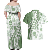 Green Hawaiian Quilt Pattern Couples Matching Off Shoulder Maxi Dress and Hawaiian Shirt Mixed Polynesian Tribal Arty