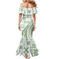 Green Hawaiian Quilt Pattern Family Matching Mermaid Dress and Hawaiian Shirt Mixed Polynesian Tribal Arty