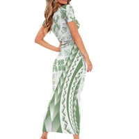 Green Hawaiian Quilt Pattern Family Matching Short Sleeve Bodycon Dress and Hawaiian Shirt Mixed Polynesian Tribal Arty
