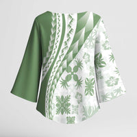 Green Hawaiian Quilt Pattern Kimono Sleeve Blouse Mixed Polynesian Tribal Arty - Polynesian Pride