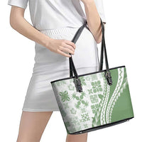 Green Hawaiian Quilt Pattern Leather Tote Bag Mixed Polynesian Tribal Arty
