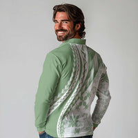 Green Hawaiian Quilt Pattern Long Sleeve Polo Shirt Mixed Polynesian Tribal Arty