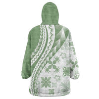 Green Hawaiian Quilt Pattern Wearable Blanket Hoodie Mixed Polynesian Tribal Arty
