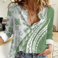 Green Hawaiian Quilt Pattern Women Casual Shirt Mixed Polynesian Tribal Arty
