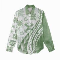 Green Hawaiian Quilt Pattern Women Casual Shirt Mixed Polynesian Tribal Arty