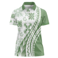 Green Hawaiian Quilt Pattern Women Polo Shirt Mixed Polynesian Tribal Arty