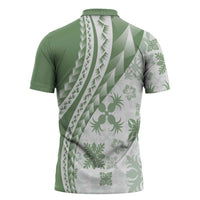 Green Hawaiian Quilt Pattern Zipper Polo Shirt Mixed Polynesian Tribal Arty - Polynesian Pride