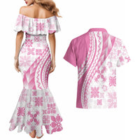 Pink Hawaiian Quilt Pattern Couples Matching Mermaid Dress and Hawaiian Shirt Mixed Polynesian Tribal Arty