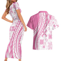 Pink Hawaiian Quilt Pattern Couples Matching Short Sleeve Bodycon Dress and Hawaiian Shirt Mixed Polynesian Tribal Arty