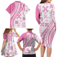 Pink Hawaiian Quilt Pattern Family Matching Long Sleeve Bodycon Dress and Hawaiian Shirt Mixed Polynesian Tribal Arty