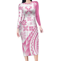 Pink Hawaiian Quilt Pattern Family Matching Long Sleeve Bodycon Dress and Hawaiian Shirt Mixed Polynesian Tribal Arty