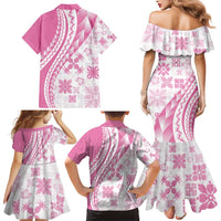 Pink Hawaiian Quilt Pattern Family Matching Mermaid Dress and Hawaiian Shirt Mixed Polynesian Tribal Arty