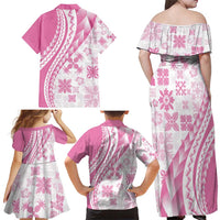 Pink Hawaiian Quilt Pattern Family Matching Off Shoulder Maxi Dress and Hawaiian Shirt Mixed Polynesian Tribal Arty