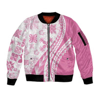 Pink Hawaiian Quilt Pattern Sleeve Zip Bomber Jacket Mixed Polynesian Tribal Arty