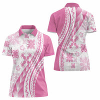 Pink Hawaiian Quilt Pattern Women Polo Shirt Mixed Polynesian Tribal Arty