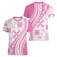 Pink Hawaiian Quilt Pattern Women V-Neck T-Shirt Mixed Polynesian Tribal Arty