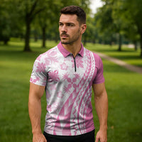 Pink Hawaiian Quilt Pattern Zipper Polo Shirt Mixed Polynesian Tribal Arty - Polynesian Pride
