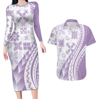 Purple Hawaiian Quilt Pattern Couples Matching Long Sleeve Bodycon Dress and Hawaiian Shirt Mixed Polynesian Tribal Arty