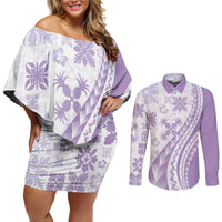 Purple Hawaiian Quilt Pattern Couples Matching Off Shoulder Short Dress and Long Sleeve Button Shirt Mixed Polynesian Tribal Arty