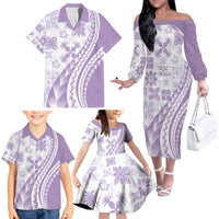 Purple Hawaiian Quilt Pattern Family Matching Off The Shoulder Long Sleeve Dress and Hawaiian Shirt Mixed Polynesian Tribal Arty