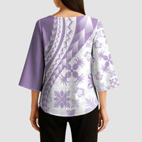 Purple Hawaiian Quilt Pattern Kimono Sleeve Blouse Mixed Polynesian Tribal Arty - Polynesian Pride