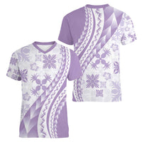 Purple Hawaiian Quilt Pattern Women V-Neck T-Shirt Mixed Polynesian Tribal Arty