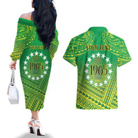 Cook Islands Constitution Day Couples Matching Off The Shoulder Long Sleeve Dress and Hawaiian Shirt Kuki Airani Since 1965
