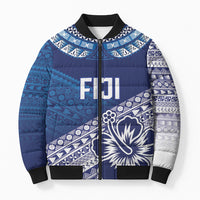 Custom Rugby Fiji Bomber Puffer Jacket Blue Traditional Masi Inspired