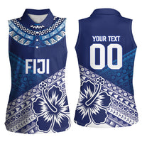 Custom Rugby Fiji Women Sleeveless Polo Shirt Blue Traditional Masi Inspired