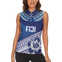 Custom Rugby Fiji Women Sleeveless Polo Shirt Blue Traditional Masi Inspired