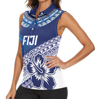 Custom Rugby Fiji Women Sleeveless Polo Shirt Blue Traditional Masi Inspired