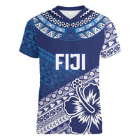Custom Rugby Fiji Women V-Neck T-Shirt Blue Traditional Masi Inspired