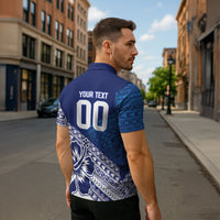 Custom Rugby Fiji Zipper Polo Shirt Blue Traditional Masi Inspired LT9 - Polynesian Pride