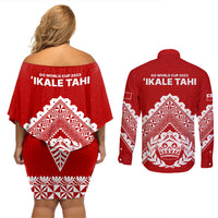 Tonga Rugby Couples Matching Off Shoulder Short Dress and Long Sleeve Button Shirts Proud Tongan Ngatu Kupesi World Cup 2023 No1 LT9 - Polynesian Pride