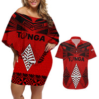 Tonga Rugby Couples Matching Off Shoulder Short Dress and Hawaiian Shirt Proud Tongan Ngatu Kupesi World Cup 2023 No2 LT9 Black - Polynesian Pride