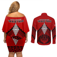 Tonga Rugby Couples Matching Off Shoulder Short Dress and Long Sleeve Button Shirts Proud Tongan Ngatu Kupesi World Cup 2023 No2 LT9 - Polynesian Pride
