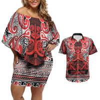 Aotearoa Iwi Ngapuhi Couples Matching Off Shoulder Short Dress and Hawaiian Shirt Maori Wharenui House Tribal Pattern LT9 Red - Polynesian Pride