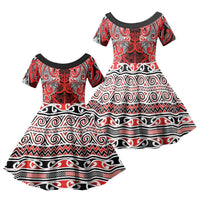 Aotearoa Iwi Ngapuhi Family Matching Short Sleeve Bodycon Dress and Hawaiian Shirt Maori Wharenui House Tribal Pattern LT9 Daughter's Dress Red - Polynesian Pride