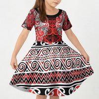 Aotearoa Iwi Ngapuhi Kid Short Sleeve Dress Maori Wharenui House Tribal Pattern LT9 KID Red - Polynesian Pride
