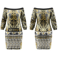 Aotearoa Iwi Ngati Whatua Family Matching Off The Shoulder Long Sleeve Dress and Hawaiian Shirt Maori Wharenui House Tribal Pattern LT9 Mom's Dress Gold - Polynesian Pride