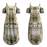 Aotearoa Iwi Ngati Whatua Family Matching Summer Maxi Dress and Hawaiian Shirt Maori Wharenui House Tribal Pattern LT9 Mom's Dress Gold - Polynesian Pride