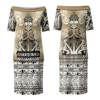 Aotearoa Iwi Waikato Tainui Family Matching Puletasi and Hawaiian Shirt Maori Wharenui House Tribal Pattern LT9 Mom's Dress Light Gold - Polynesian Pride