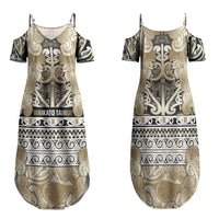 Aotearoa Iwi Waikato Tainui Family Matching Summer Maxi Dress and Hawaiian Shirt Maori Wharenui House Tribal Pattern LT9 Mom's Dress Light Gold - Polynesian Pride