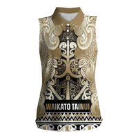 Aotearoa Iwi Waikato Tainui Women Sleeveless Polo Shirt Maori Wharenui House Tribal Pattern LT9 Female Light Gold - Polynesian Pride